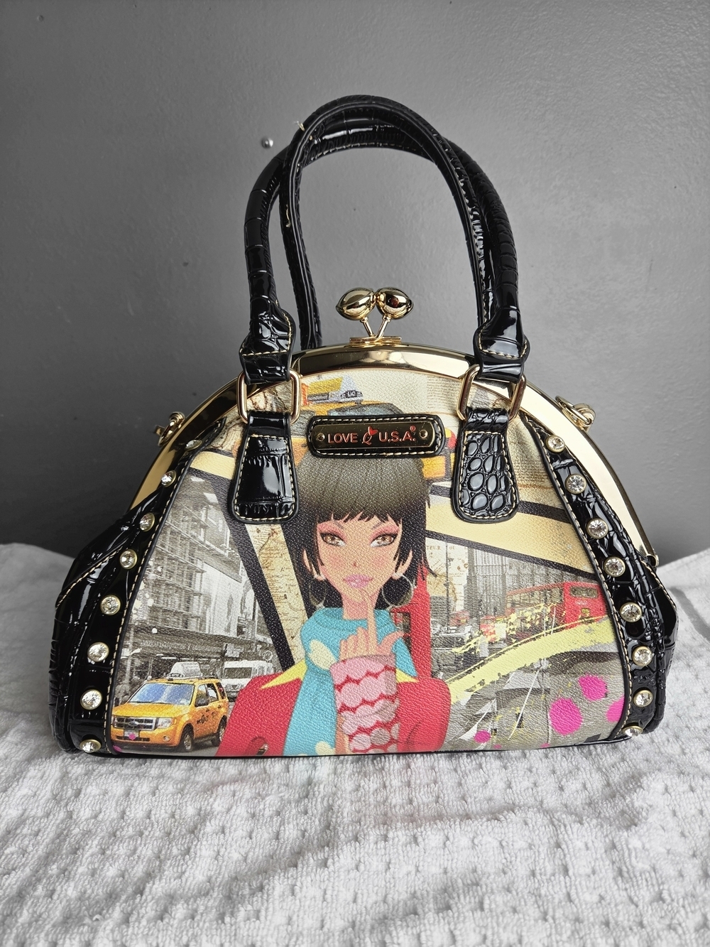 Black Dome Satchel with Illustrated Panel